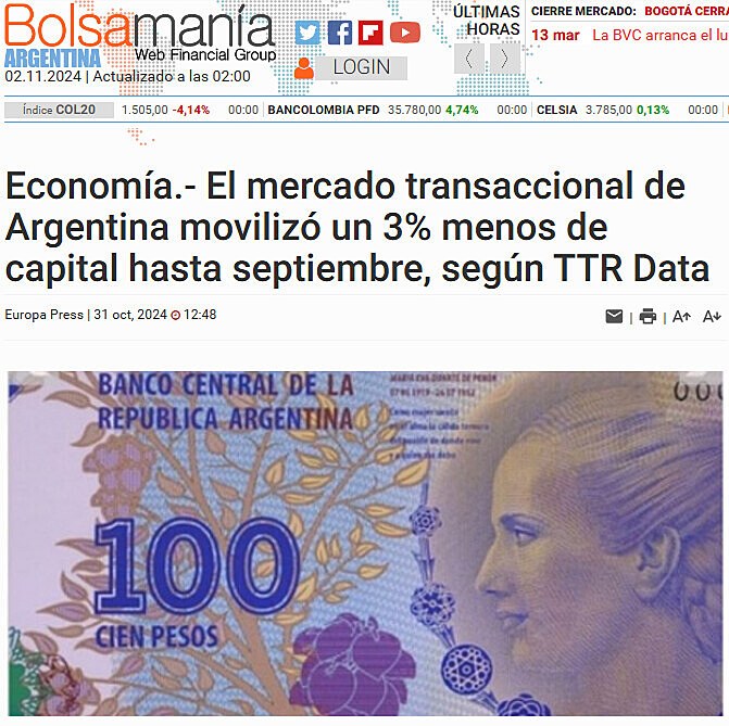 Economa.- El mercado transaccional de Argentina moviliz un 3% menos de capital hasta septiembre, segn TTR Data